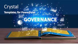  Presentation with business book - Amazing slides having governance-inscription-coming-out backdrop and a ocean colored foreground