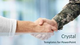  Presentation with shaking hands - Slide deck enhanced with government - soldier and civilian shaking hands background and a sky blue colored foreground