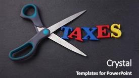  Presentation with government - Theme featuring government budget cuts - scissors and the alphabet taxes background and a dark gray colored foreground