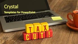  Presentation with cube - Slide set consisting of government budget cuts - tax cut written background and a wine colored foreground