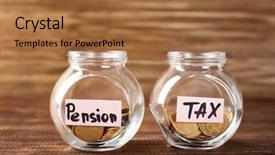  Presentation with pension - Amazing PPT theme having jars with label pension tax backdrop and a coral colored foreground