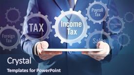  Presentation with income tax - Colorful slides enhanced with government strategy - man holding tablet and gear backdrop and a ocean colored foreground