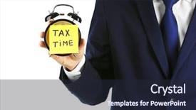  Presentation with tax - Presentation design enhanced with govertment notices - businessman holding alarm clock tax background and a wine colored foreground