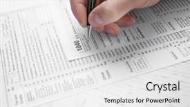  Presentation with income tax - Beautiful slide set featuring govertment notices - man filling american form backdrop and a white colored foreground