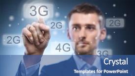  Presentation with kyc button representing know - Presentation theme with gprs - man pressing 3g touchscreen button background and a ocean colored foreground