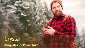 Presentation with smartphone - Colorful slides enhanced with gprs technology - happy male hiker using smartphone backdrop and a tawny brown colored foreground