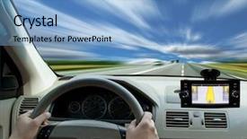  Presentation with gps - Amazing PPT layouts having gps - fast driving on the freeway backdrop and a light blue colored foreground