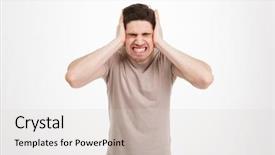  Presentation with head - Cool new PPT theme with grab - disappointed man 30s grabbing his backdrop and a light gray colored foreground