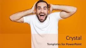  Presentation with microwave imaging image of modern - Theme enhanced with grab - image of joyful man 30s background and a gold colored foreground