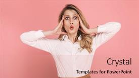  Presentation with portrait of excited overjoyed female - Cool new PPT layouts with grab - portrait of excited blond woman backdrop and a coral colored foreground