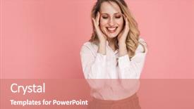  Presentation with red carpet retro style - Slide deck having grab - portrait of joyful blond woman background and a coral colored foreground