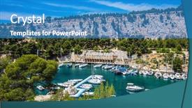  Presentation with deep sea - Theme consisting of graceful sailing yachts in the deep sea gulf the picturesque fjord with turquoise water at coast of the mediterranean sea national park of calanques in provence between marseille and kassis background and a teal colored foreground