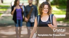  Presentation with backpack - PPT theme enhanced with grad - portrait of female student background and a coral colored foreground