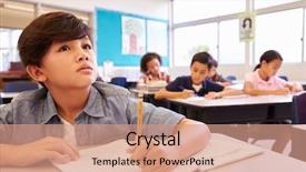  Presentation with school board - Slide set with grade 1 - asian schoolboy in elementary school background and a coral colored foreground