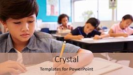  Presentation with school elementary - Slide set consisting of grade 1 - asian schoolboy working in elementary background and a coral colored foreground