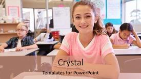  Presentation with school desk - Cool new PPT layouts with grade 1 - portrait of schoolgirl at desk backdrop and a coral colored foreground
