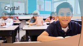  Presentation with school desk - Cool new slide deck with grade 1 - schoolboy at desk backdrop and a  colored foreground