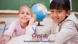  Presentation with camera - Audience pleasing PPT theme consisting of grade 2 - smiling schoolgirls doing classwork while backdrop and a soft green colored foreground