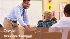  Presentation with elementary school career day and technology and black female teacher - Slide set consisting of grade 2 - smiling teacher leaning on elementary background and a coral colored foreground