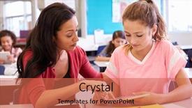  Presentation with elementary school career day and technology and black female teacher - PPT theme featuring grade 2 - teacher helping elementary school girl background and a coral colored foreground