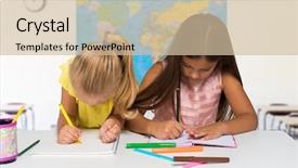  Presentation with writing - Slide deck enhanced with grade 2 - two diligent schoolgirls writing background and a soft green colored foreground