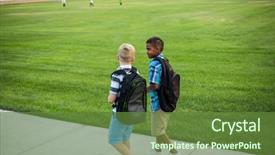  Presentation with diverse kids - Slide set with grade 2 - two diverse school kids walking background and a tawny brown colored foreground