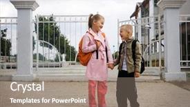  Presentation with school children - Presentation design having grade 6 - children the first day background and a coral colored foreground