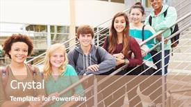  Presentation with school building - Audience pleasing presentation theme consisting of grade 6 - portrait of high school students backdrop and a coral colored foreground