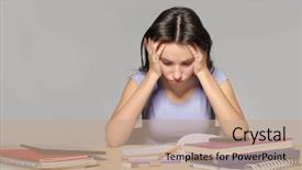  Presentation with homework - PPT theme consisting of grade book - tired teenager girl doing homework background and a coral colored foreground