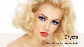  Presentation with curly hair - Slide deck consisting of gradiant color - young beautiful woman with blond background and a coral colored foreground