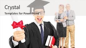  Presentation with college - Beautiful slide set featuring graduate and his proud parent backdrop and a light gray colored foreground