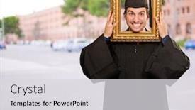  Presentation with frame - Audience pleasing slides consisting of graduate man looking through a frame outdoor backdrop and a light gray colored foreground