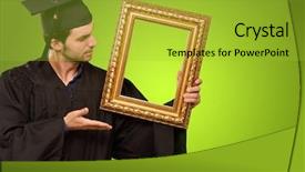  Presentation with green officebuilding man - Cool new presentation theme with graduate man showing a frame backdrop and a yellow colored foreground