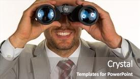  Presentation with seeking - PPT theme featuring graduate seeking employment - manager with binoculars background and a  colored foreground