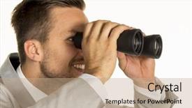  Presentation with seeking - PPT theme featuring graduate seeking employment - manager with binoculars background and a  colored foreground