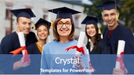  Presentation with old age - PPT theme featuring graduate student woman in mortar background and a teal colored foreground