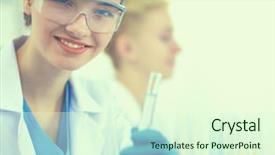  Presentation with vials - Colorful PPT theme enhanced with graduated chemist - woman researcher is surrounded backdrop and a soft green colored foreground