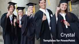  Presentation with university - PPT theme featuring graduates posing the thumb-up background and a wine colored foreground