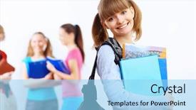  Presentation with college - Presentation design consisting of graduating schoolschool - young female student at college background and a  colored foreground