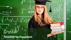  Presentation with academic - Slide deck enhanced with graduating student girl in an academic gown standing with books at the classroom background and a forest green colored foreground