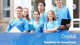  Presentation with stairs - Audience pleasing presentation theme consisting of graduation - group of young happy students backdrop and a teal colored foreground