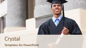  Presentation with university building - PPT theme with graduation - young african male graduate standing background and a sky blue colored foreground