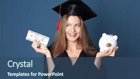  Presentation with accounting financial bank banking account - Slide deck consisting of graduation - young graduate with piggy bank background and a ocean colored foreground