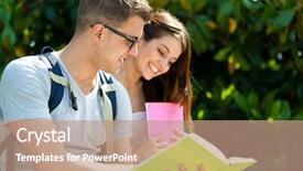  Presentation with students - Presentation theme featuring graduation book - portrait of two students talking background and a coral colored foreground