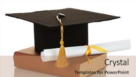  Presentation with graduation white cap - Colorful theme enhanced with graduation cap - grad hat and diploma backdrop and a coral colored foreground