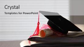  Presentation with mortar - Beautiful slide set featuring graduation cap - mortar board on stack backdrop and a light gray colored foreground