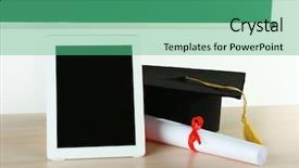  Presentation with diploma - PPT theme with graduation cap with tablet background and a seafoam green colored foreground