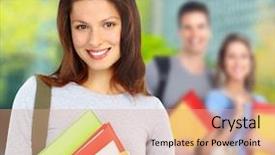  Presentation with group of students raising hands - PPT theme with graduation female - group of smiling students background and a  colored foreground