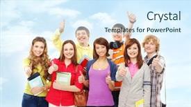  Presentation with teenagers - Amazing PPT theme having graduation female - group of smiling teenagers staying backdrop and a  colored foreground