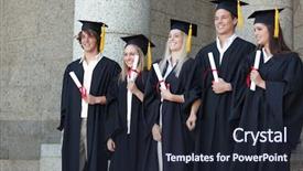  Presentation with diploma - Presentation design featuring smiling graduates posing while holding their diploma in front of the university background and a wine colored foreground